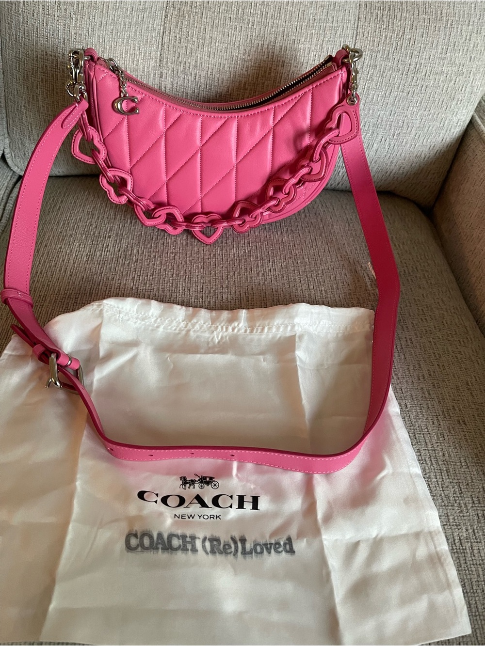 Coach Pink Quilted Mira Shoulder Bag with heart shoulder strap